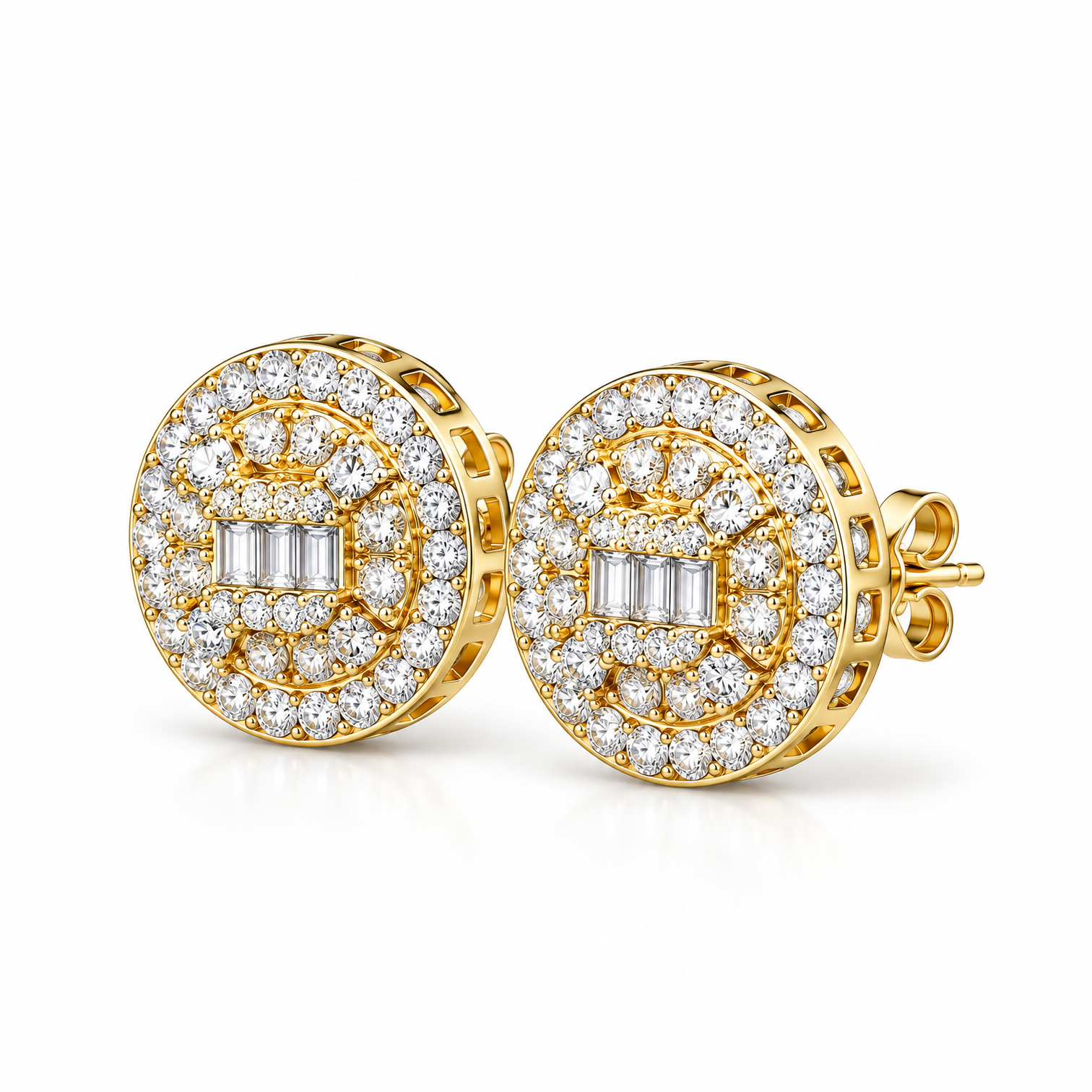 Round Baguette Cluster Style Hip Hop Diamond Stud Earrings for Unisex