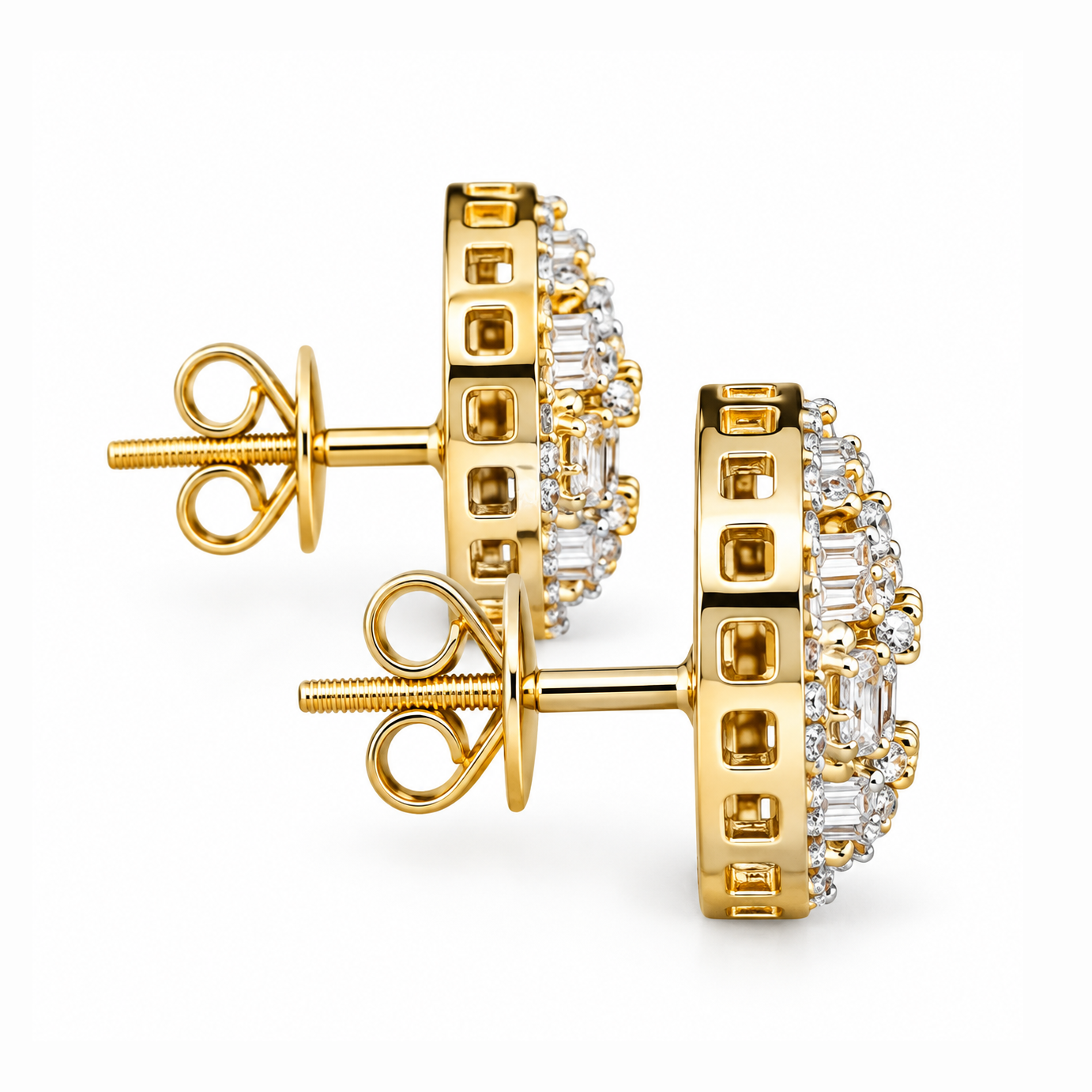 Round Baguette Cluster Style Hip Hop Diamond Stud Earrings for Unisex