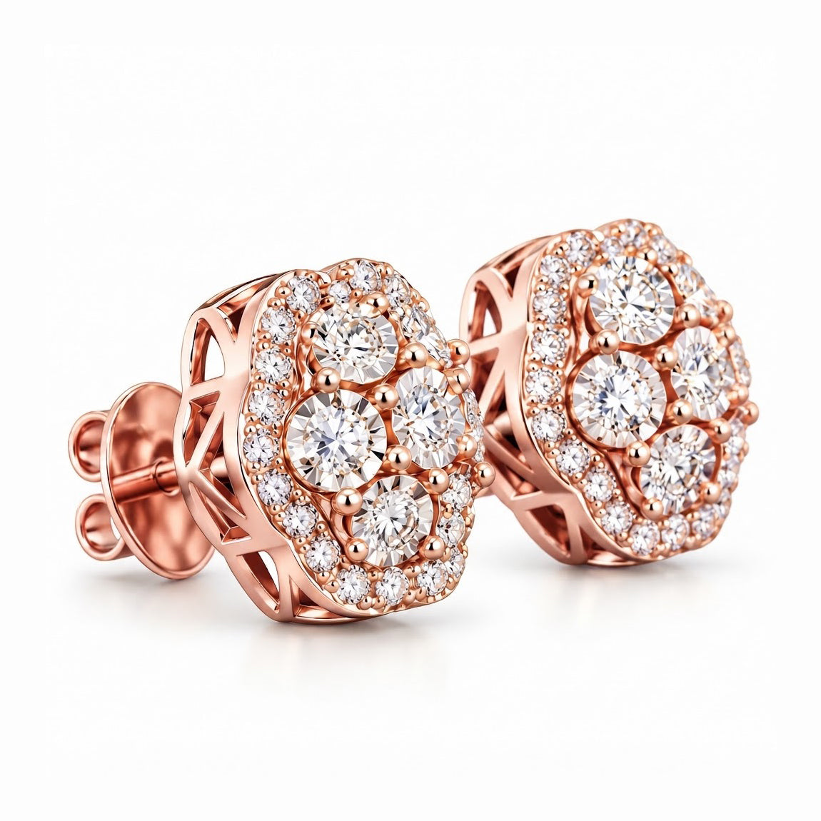 Round Moissanite Diamond Hip Hop Flower Style Halo Stud Earring