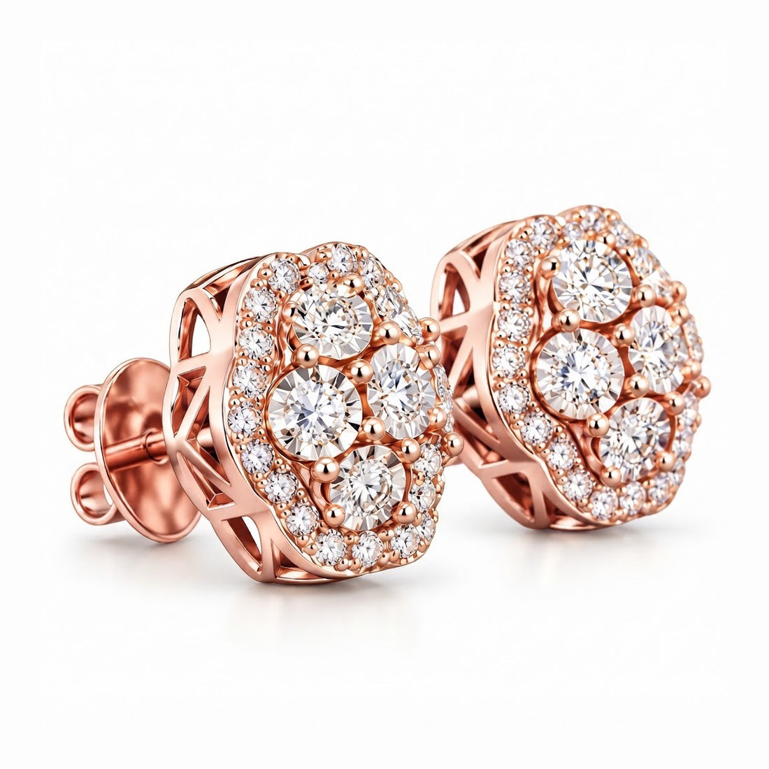 Round Moissanite Diamond Hip Hop Flower Style Halo Stud Earring