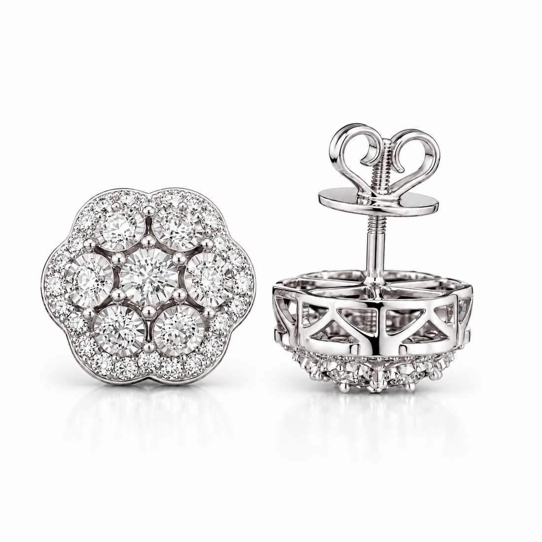 Round Moissanite Diamond Hip Hop Flower Style Halo Stud Earring