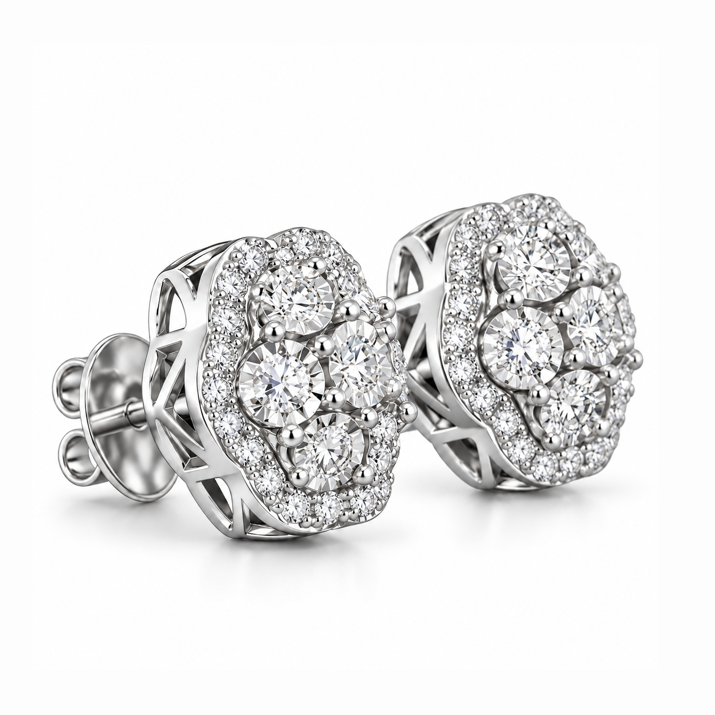 Round Moissanite Diamond Hip Hop Flower Style Halo Stud Earring