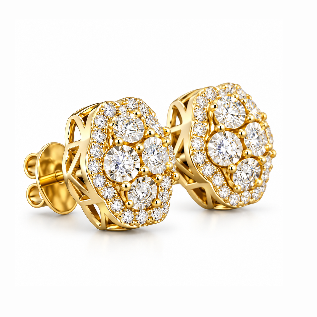 Round Moissanite Diamond Hip Hop Flower Style Halo Stud Earring