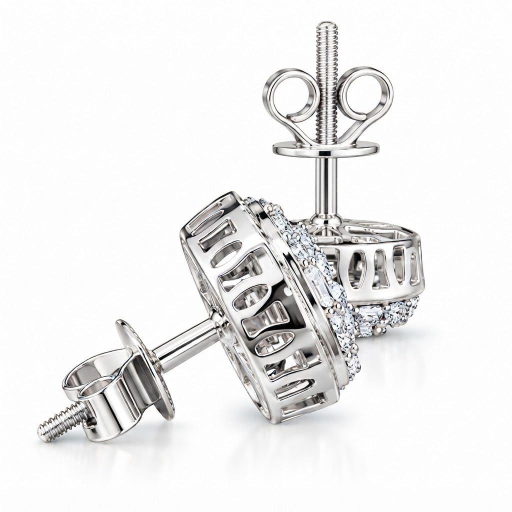 Hip Hop Style Round Shape Moissanite Diamond Halo Stud Earring