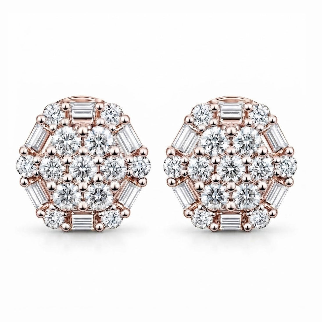 Flower Shape Round Baguette Diamond Hip Hop Style Stud Earrings
