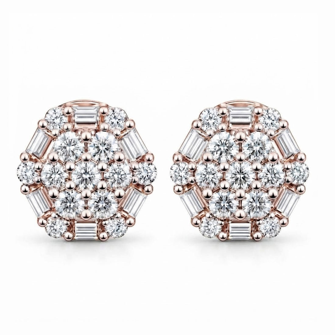 Flower Shape Round Baguette Diamond Hip Hop Style Stud Earrings