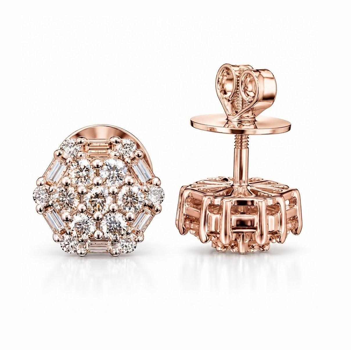 Flower Shape Round Baguette Diamond Hip Hop Style Stud Earrings