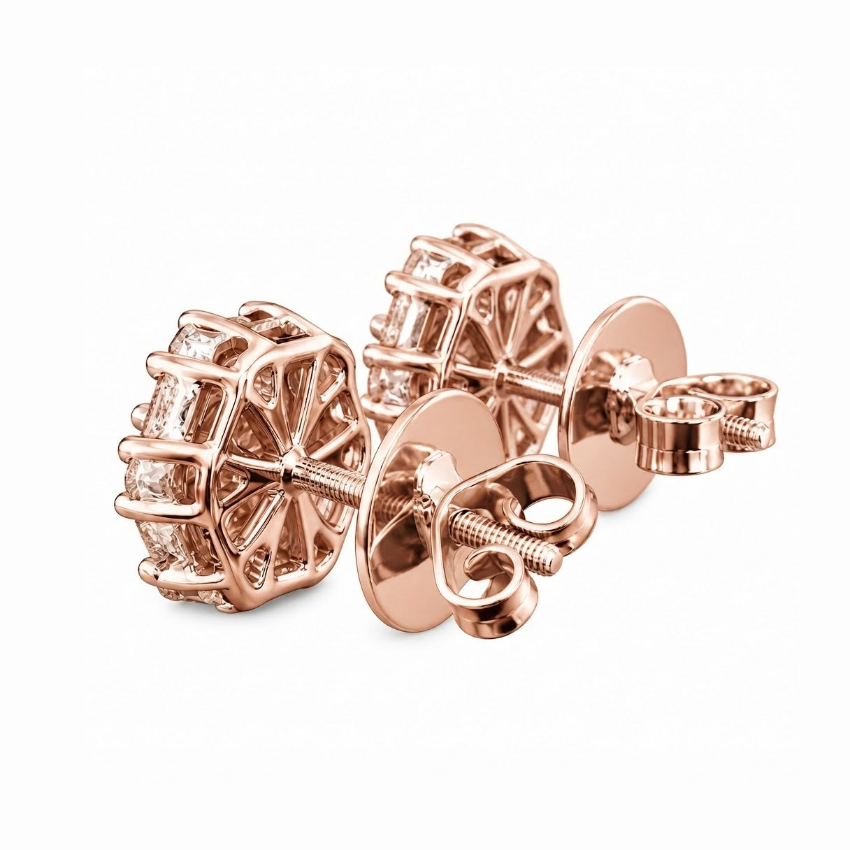 Flower Shape Round Baguette Diamond Hip Hop Style Stud Earrings