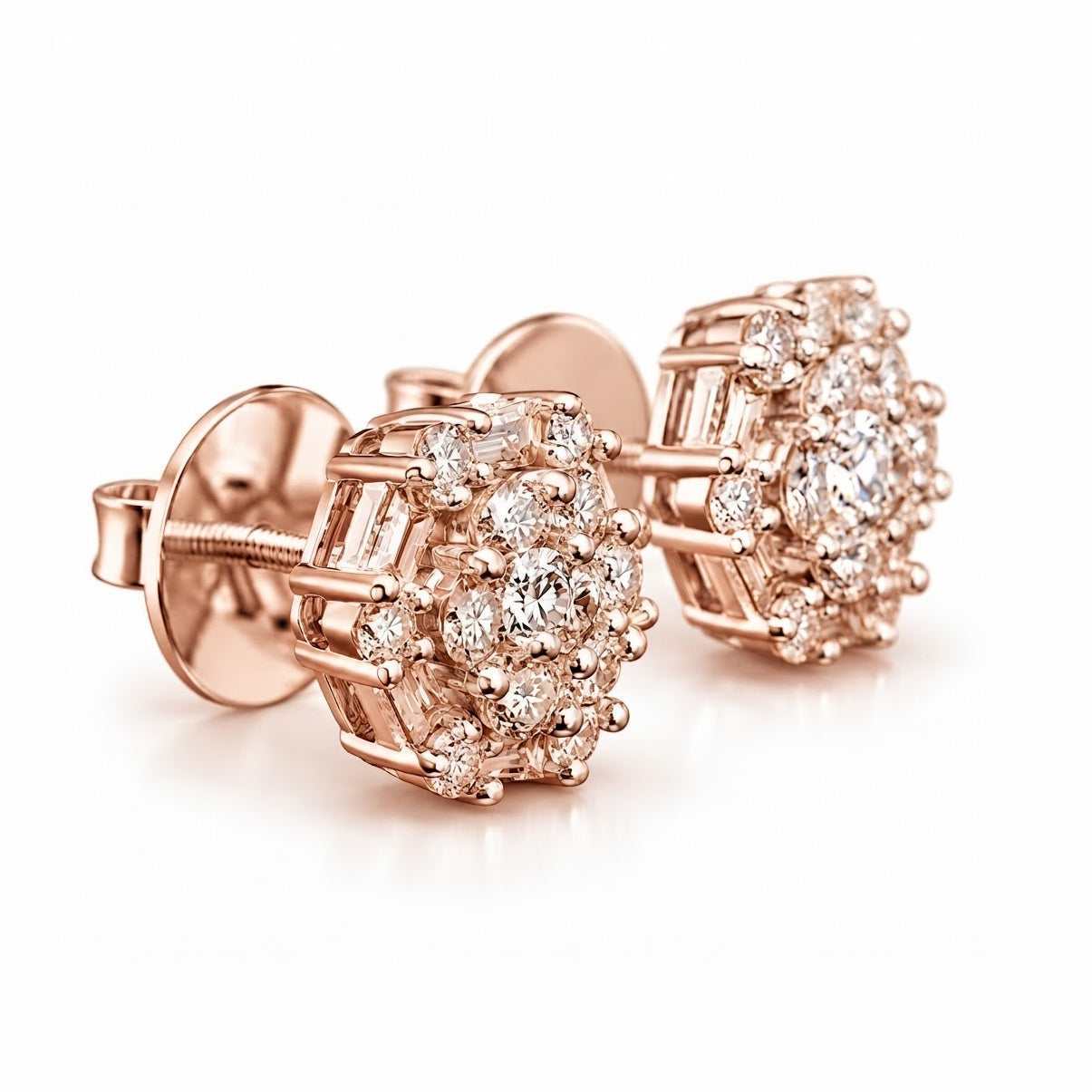Flower Shape Round Baguette Diamond Hip Hop Style Stud Earrings