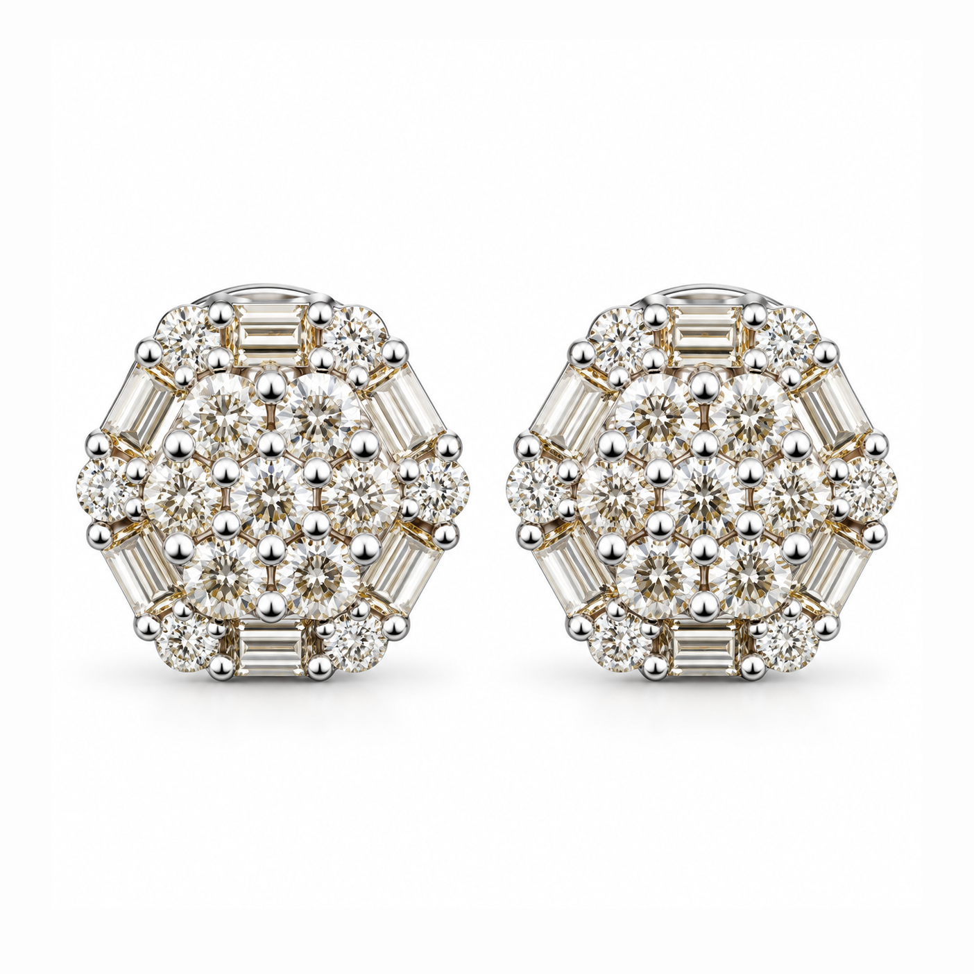 Flower Shape Round Baguette Diamond Hip Hop Style Stud Earrings