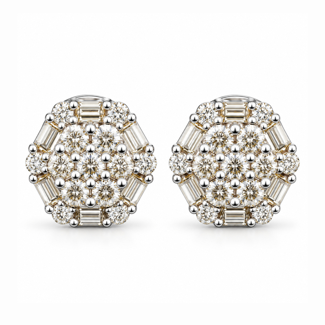 Flower Shape Round Baguette Diamond Hip Hop Style Stud Earrings
