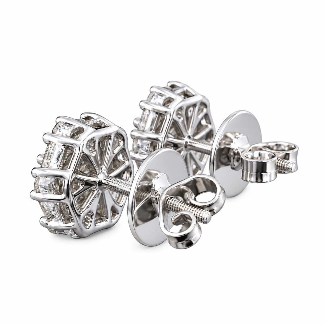 Flower Shape Round Baguette Diamond Hip Hop Style Stud Earrings