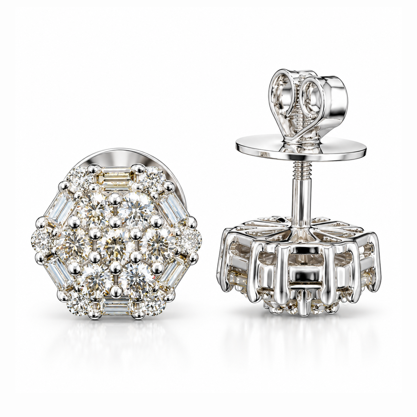 Flower Shape Round Baguette Diamond Hip Hop Style Stud Earrings