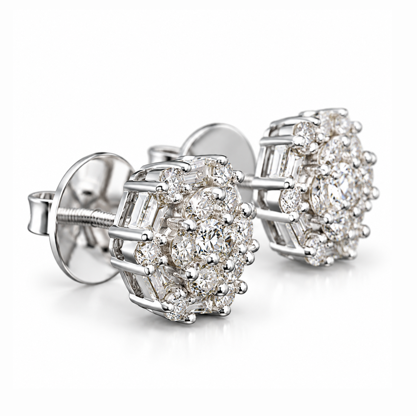 Flower Shape Round Baguette Diamond Hip Hop Style Stud Earrings