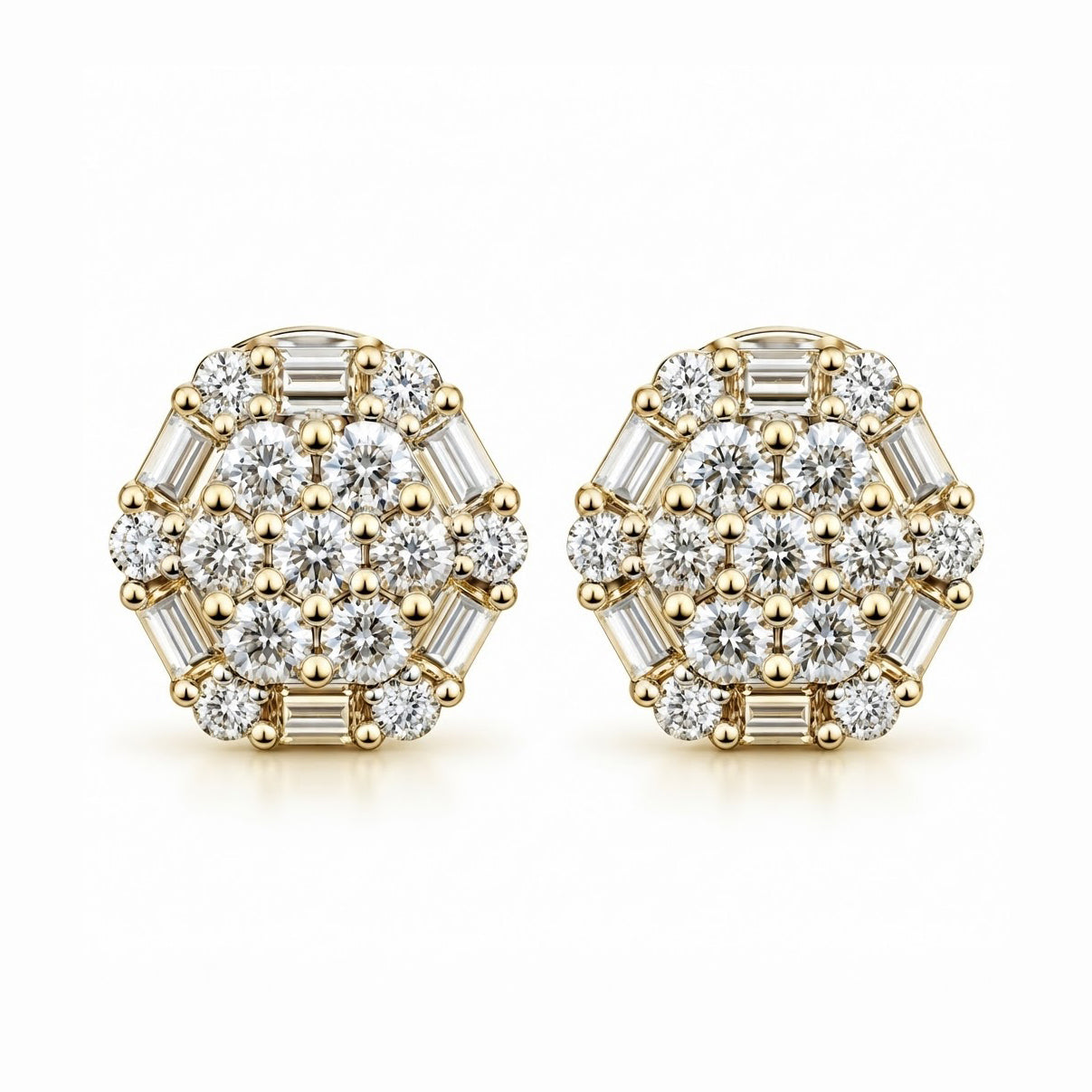 Flower Shape Round Baguette Diamond Hip Hop Style Stud Earrings