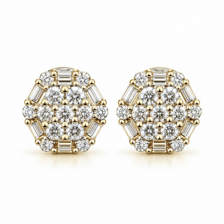 Flower Shape Round Baguette Diamond Hip Hop Style Stud Earrings