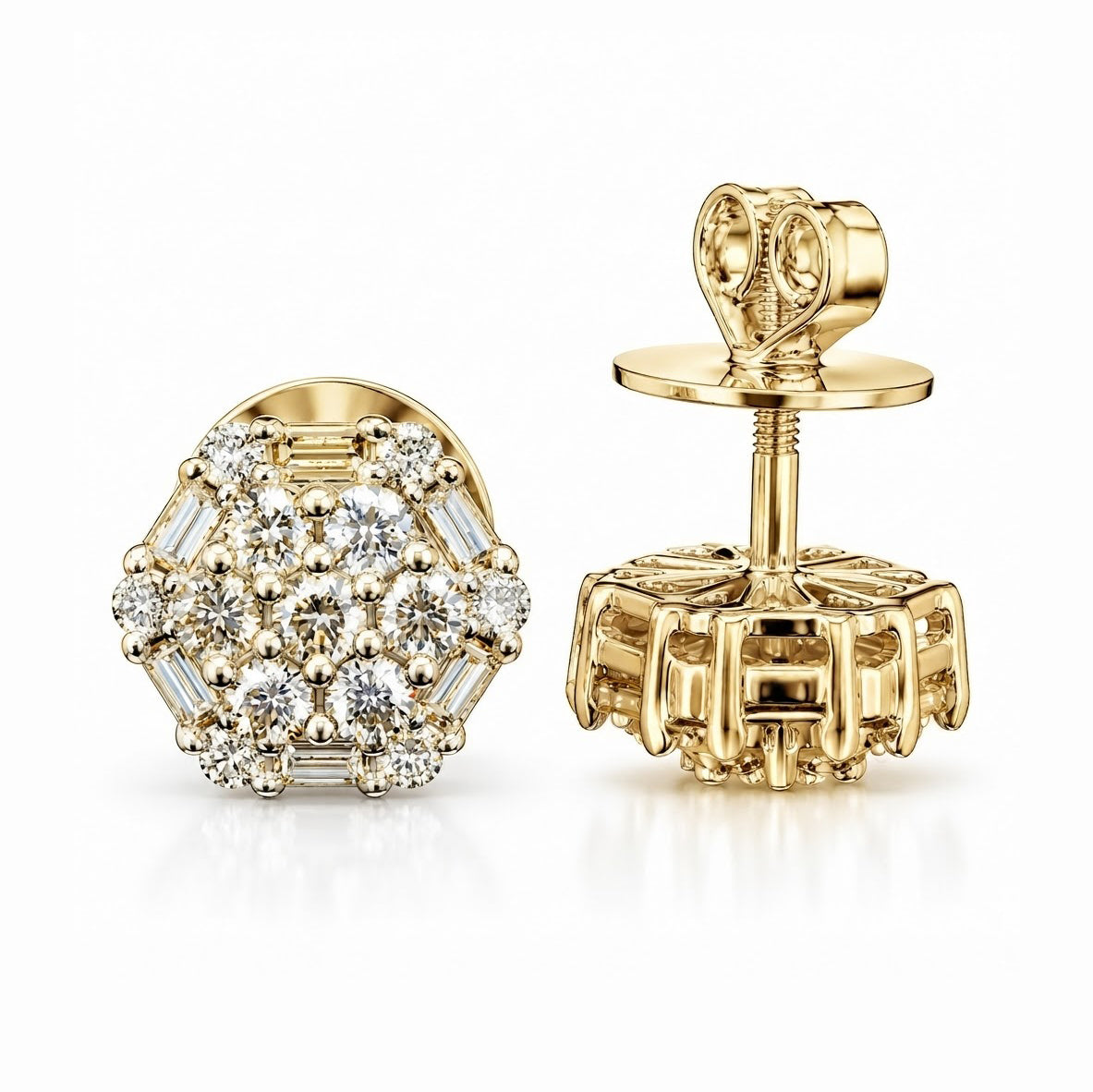 Flower Shape Round Baguette Diamond Hip Hop Style Stud Earrings