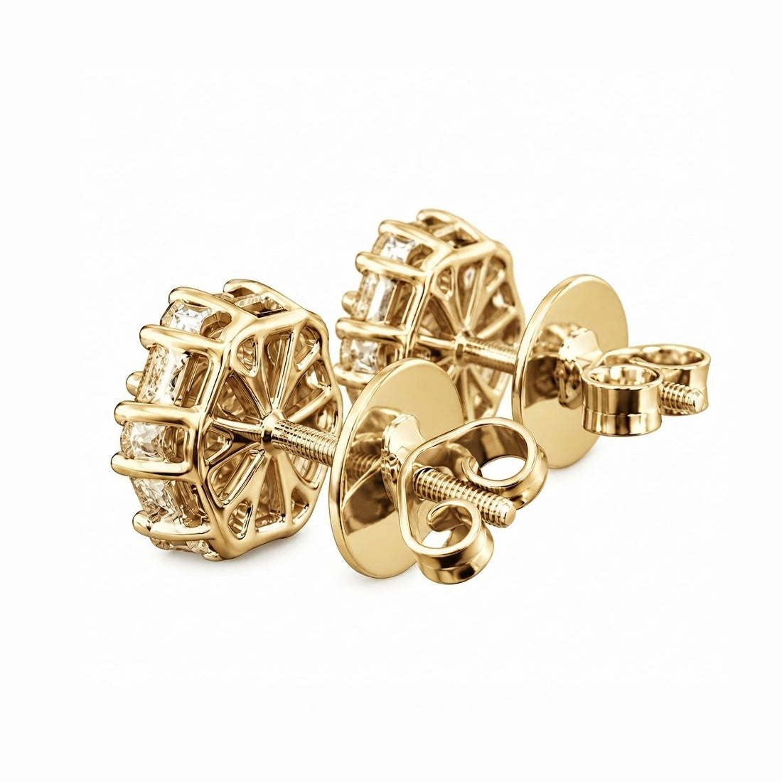 Flower Shape Round Baguette Diamond Hip Hop Style Stud Earrings