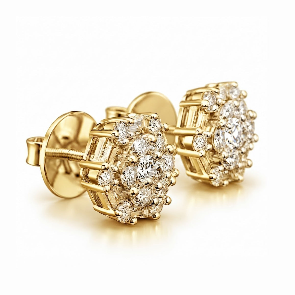 Flower Shape Round Baguette Diamond Hip Hop Style Stud Earrings