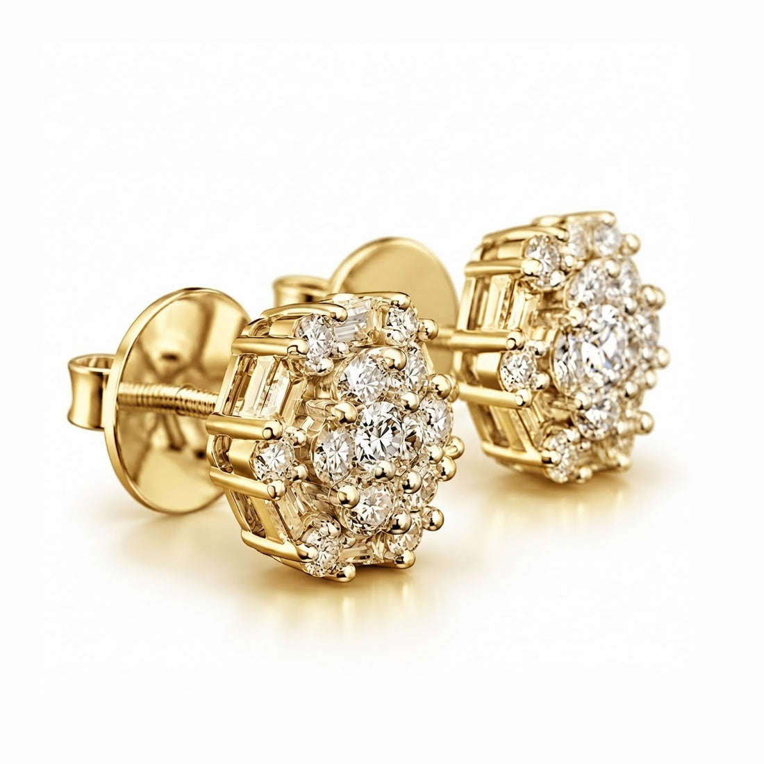 Flower Shape Round Baguette Diamond Hip Hop Style Stud Earrings