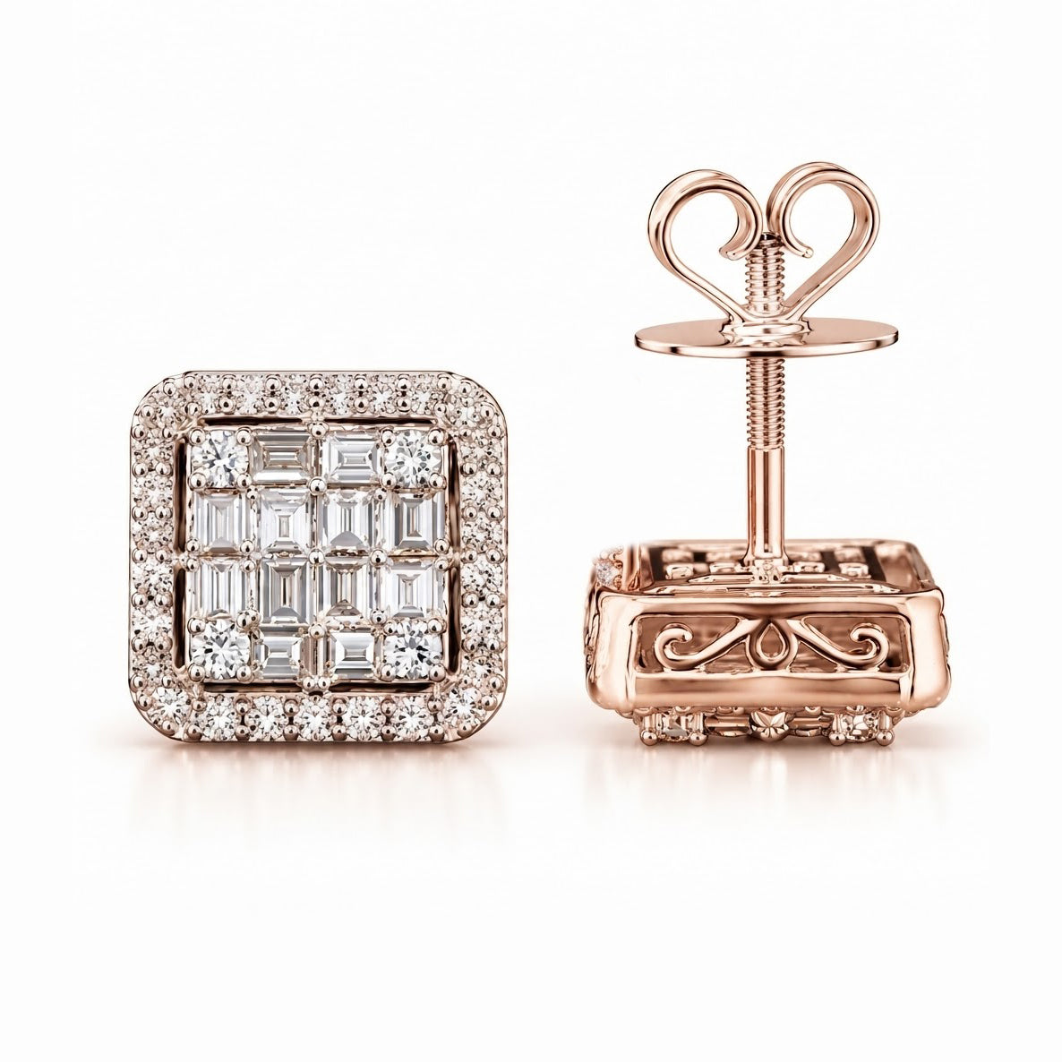 Cluster Round Baguette Diamond Hip Hop Style Halo Stud Earrings