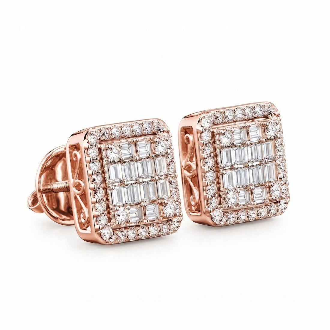 Cluster Round Baguette Diamond Hip Hop Style Halo Stud Earrings