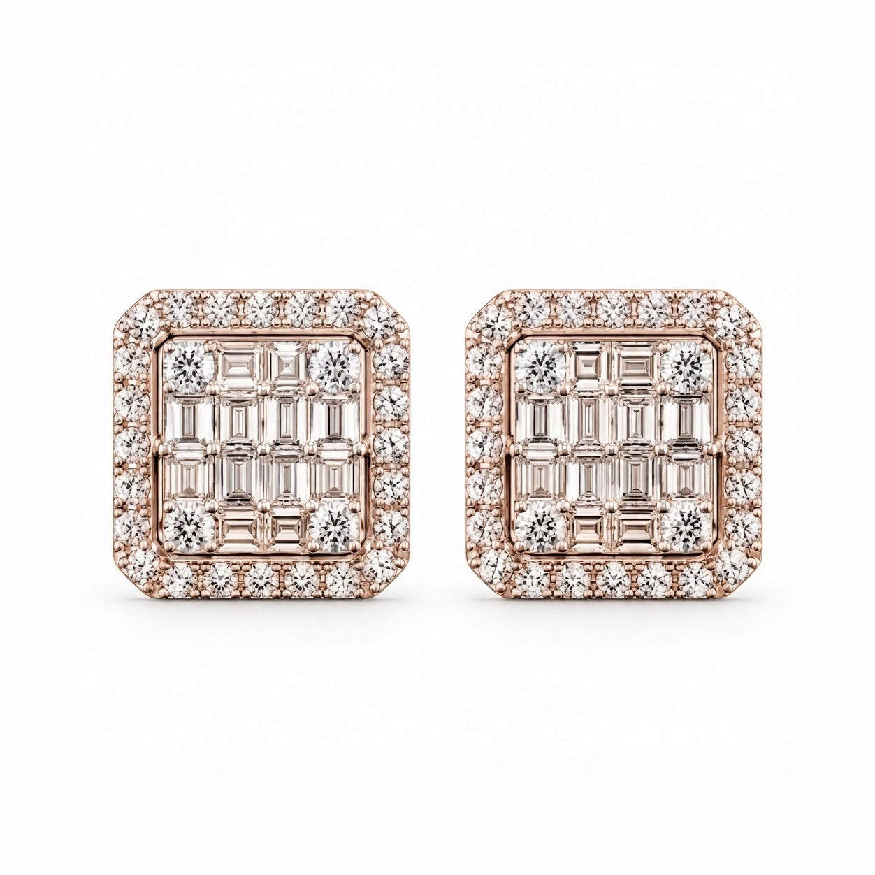 Cluster Round Baguette Diamond Hip Hop Style Halo Stud Earrings