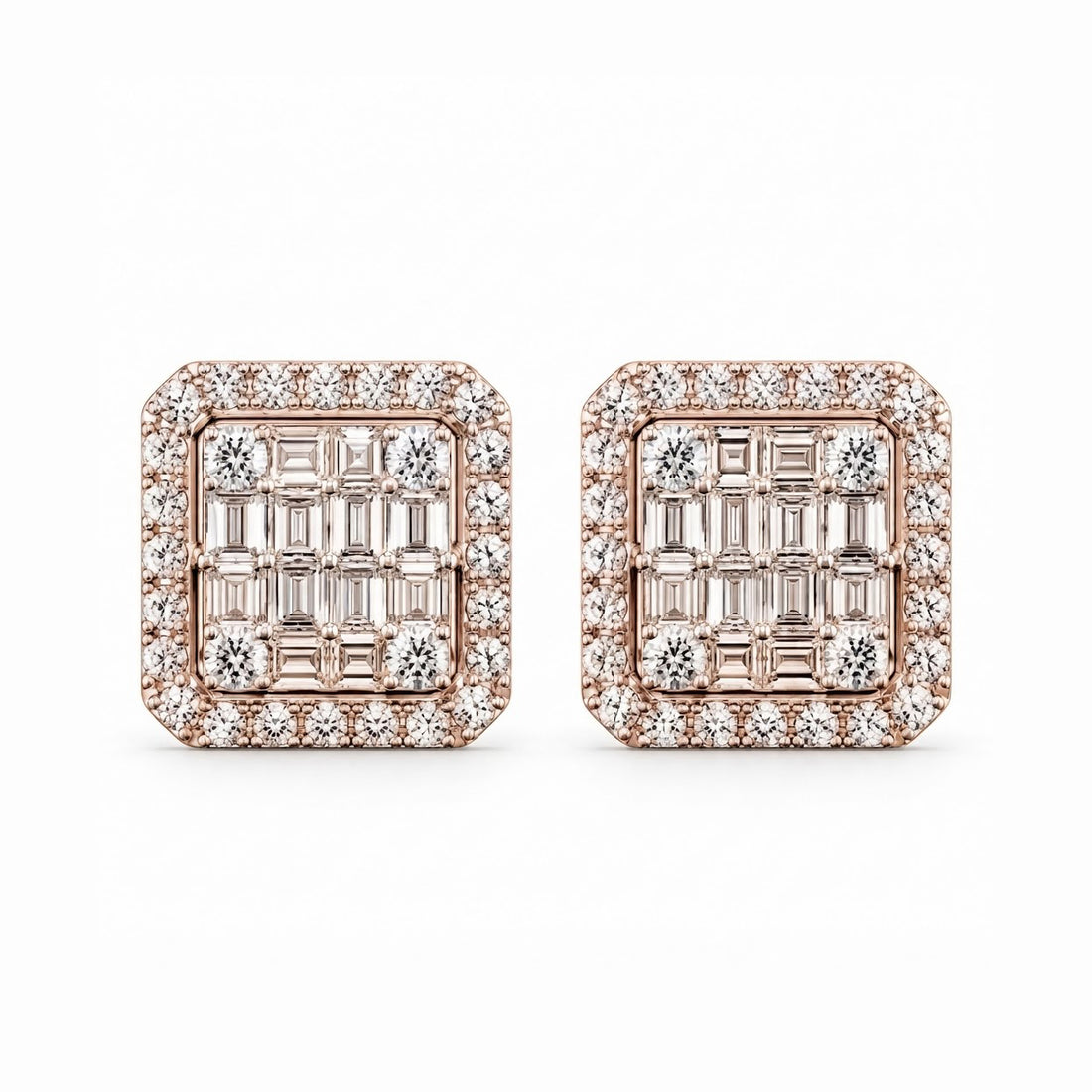 Cluster Round Baguette Diamond Hip Hop Style Halo Stud Earrings