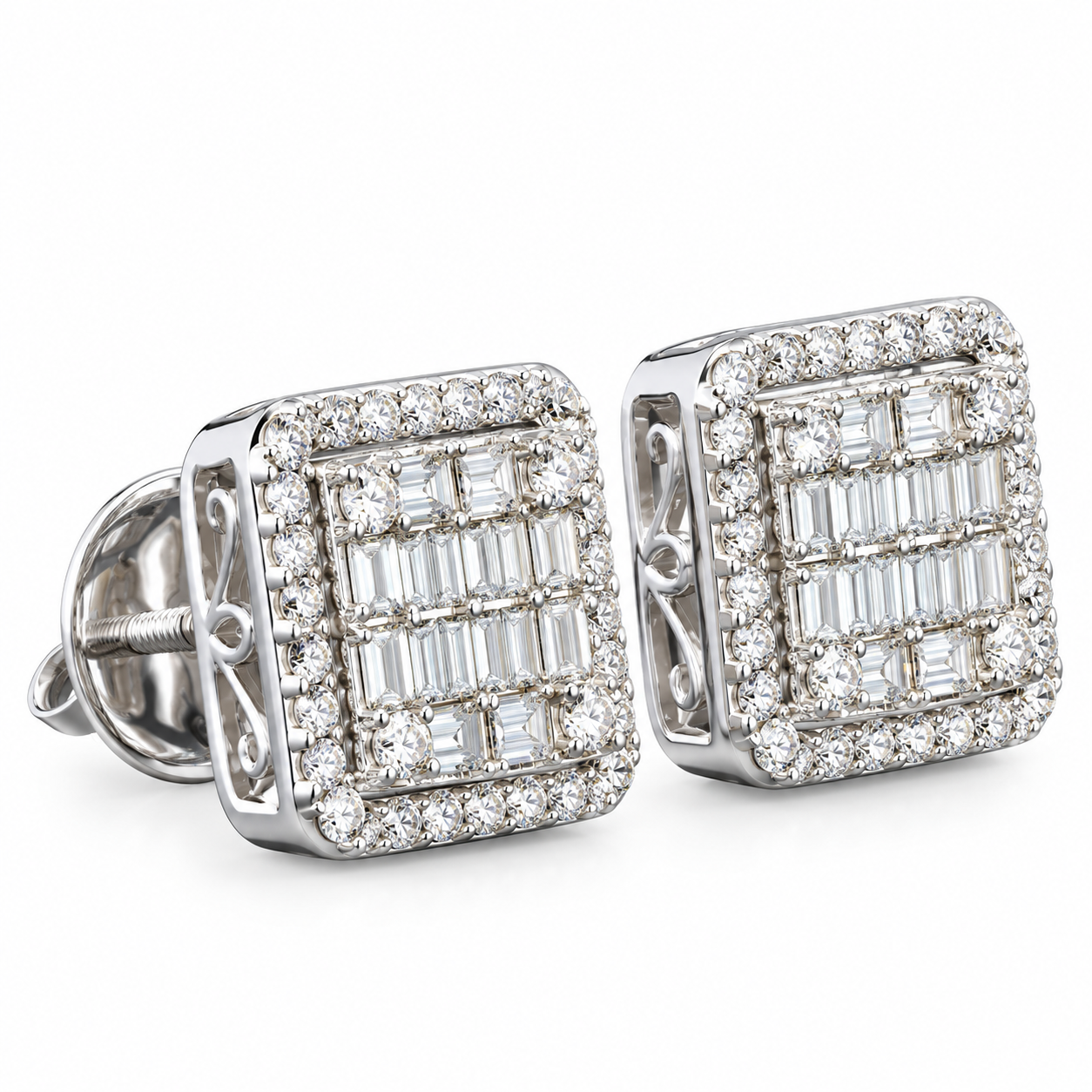 Cluster Round Baguette Diamond Hip Hop Style Halo Stud Earrings