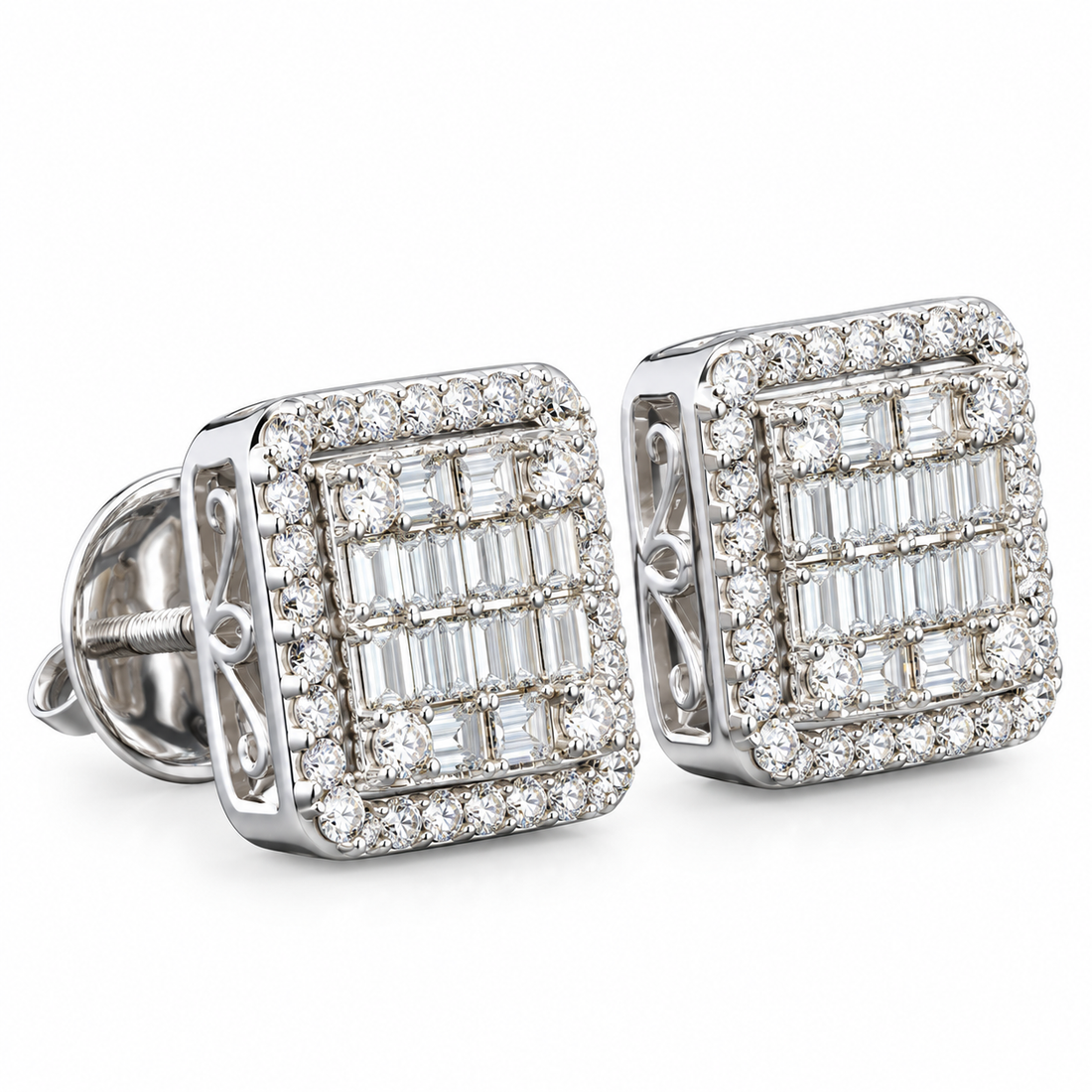 Cluster Round Baguette Diamond Hip Hop Style Halo Stud Earrings