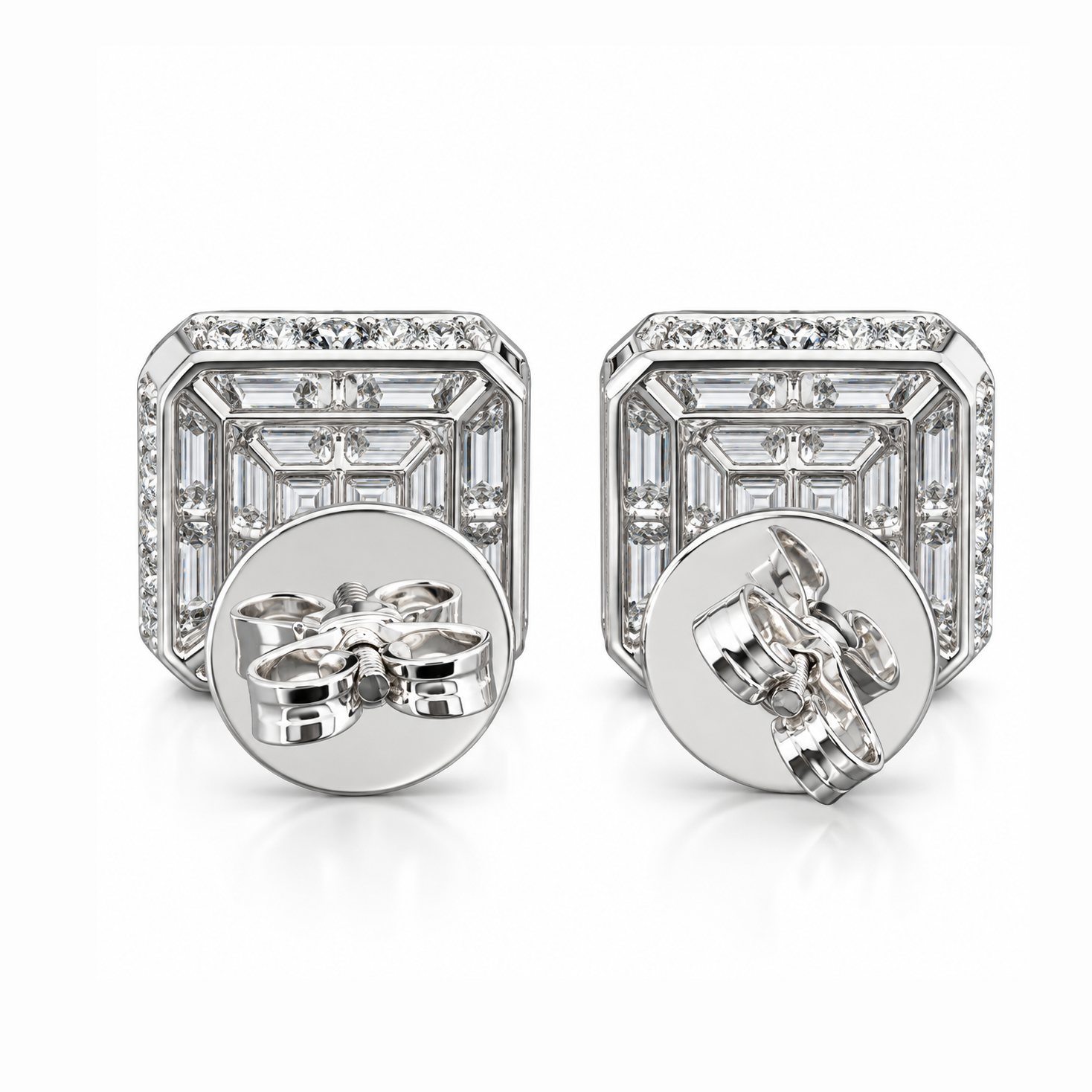 Cluster Round Baguette Diamond Hip Hop Style Halo Stud Earrings