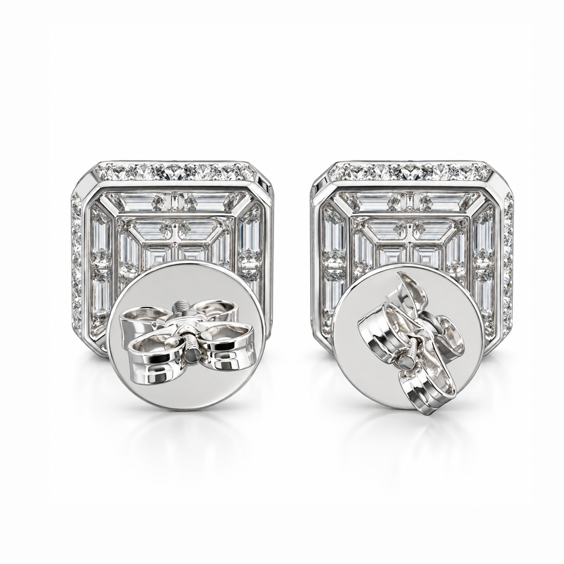 Cluster Round Baguette Diamond Hip Hop Style Halo Stud Earrings