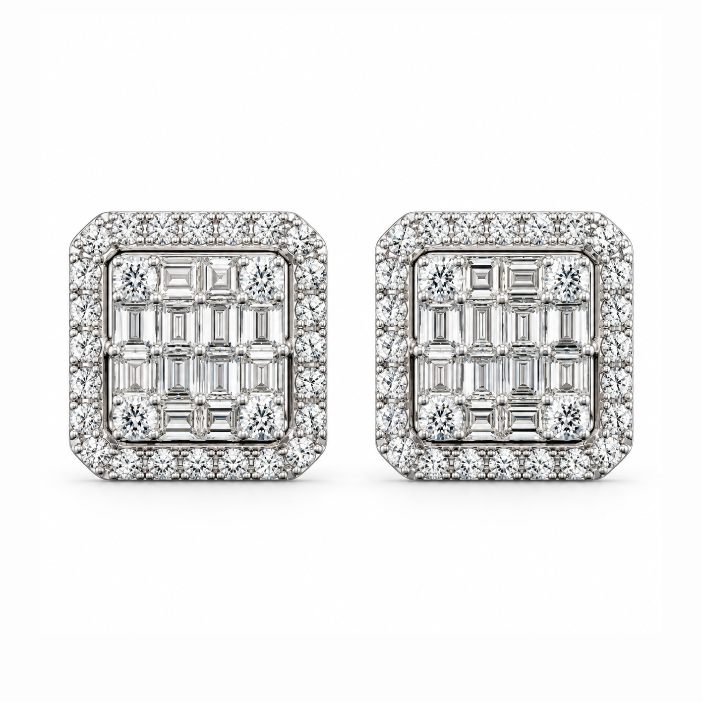 Cluster Round Baguette Diamond Hip Hop Style Halo Stud Earrings