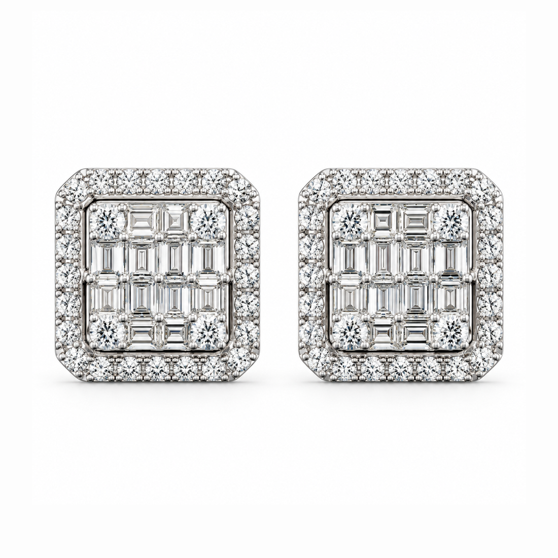 Cluster Round Baguette Diamond Hip Hop Style Halo Stud Earrings