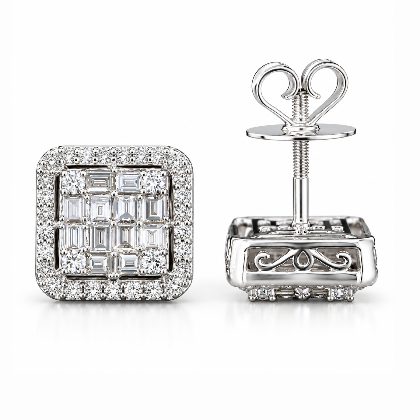 Cluster Round Baguette Diamond Hip Hop Style Halo Stud Earrings