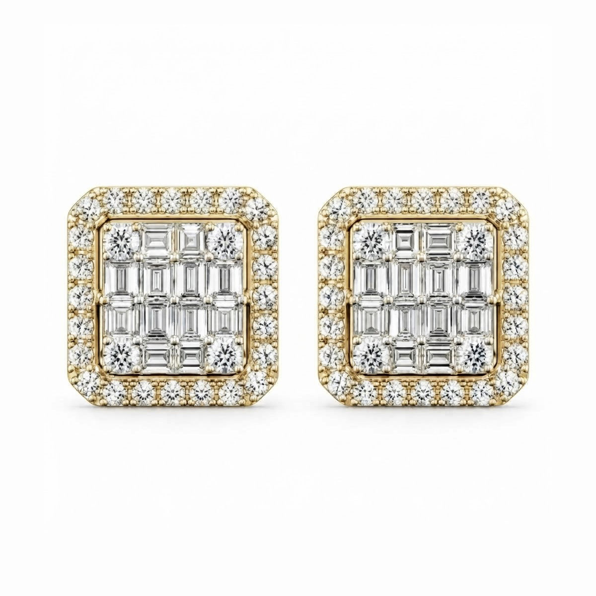 Cluster Round Baguette Diamond Hip Hop Style Halo Stud Earrings