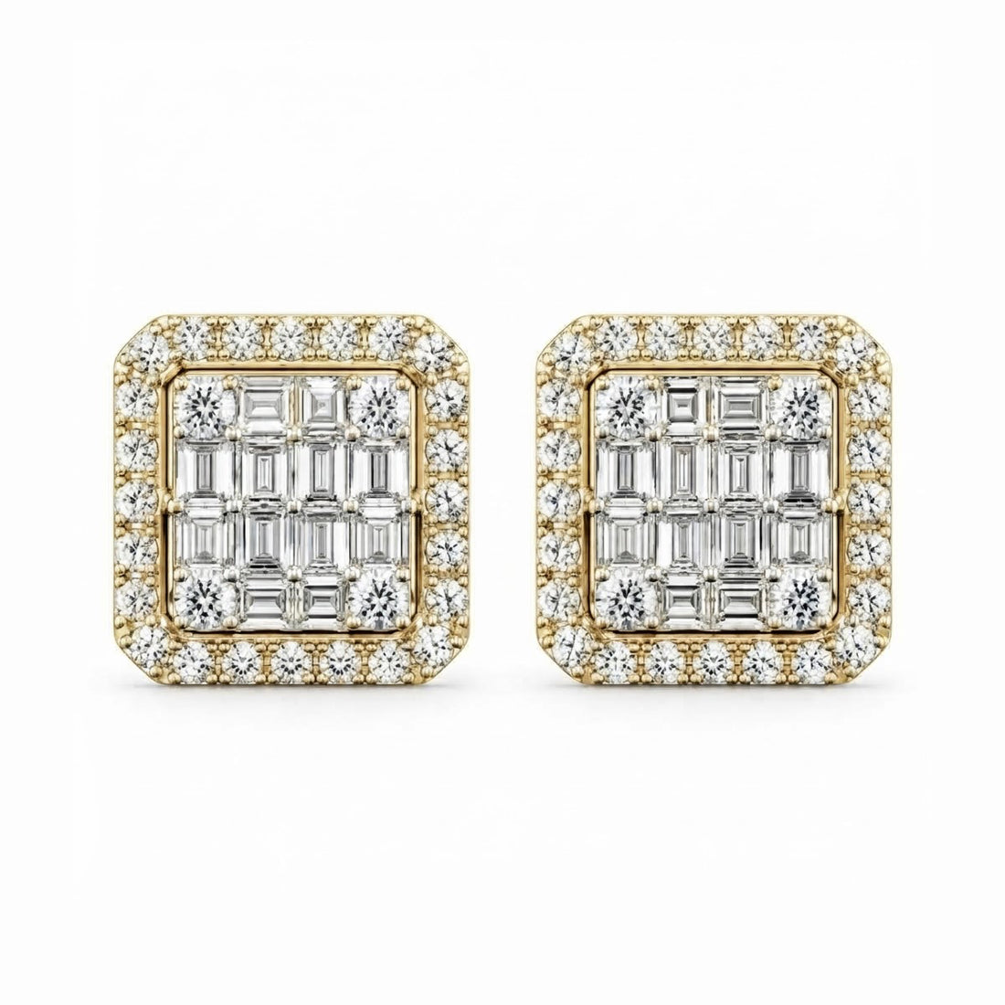 Cluster Round Baguette Diamond Hip Hop Style Halo Stud Earrings