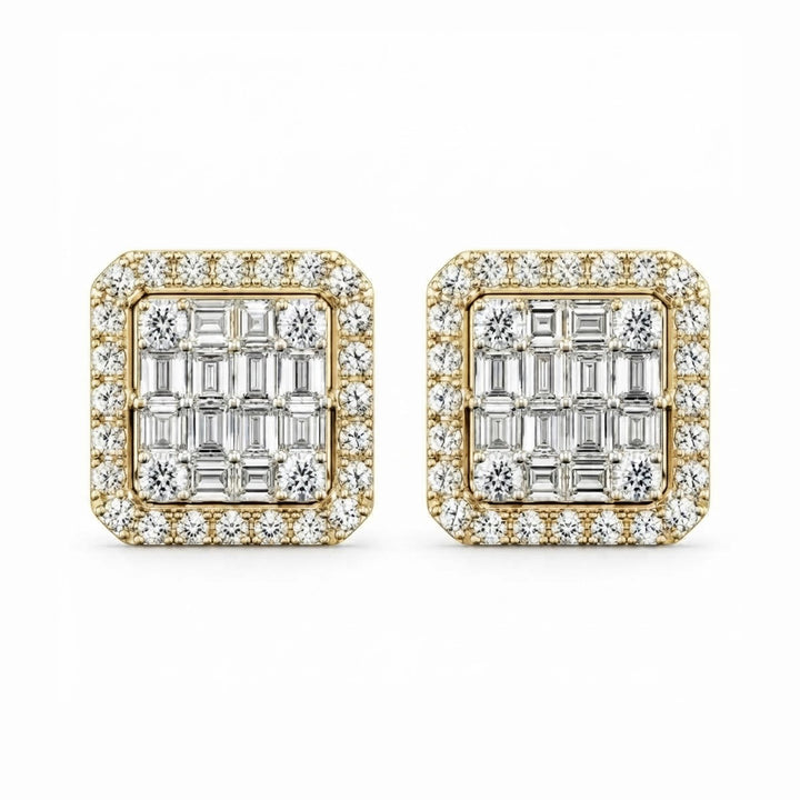 Cluster Round Baguette Diamond Hip Hop Style Halo Stud Earrings