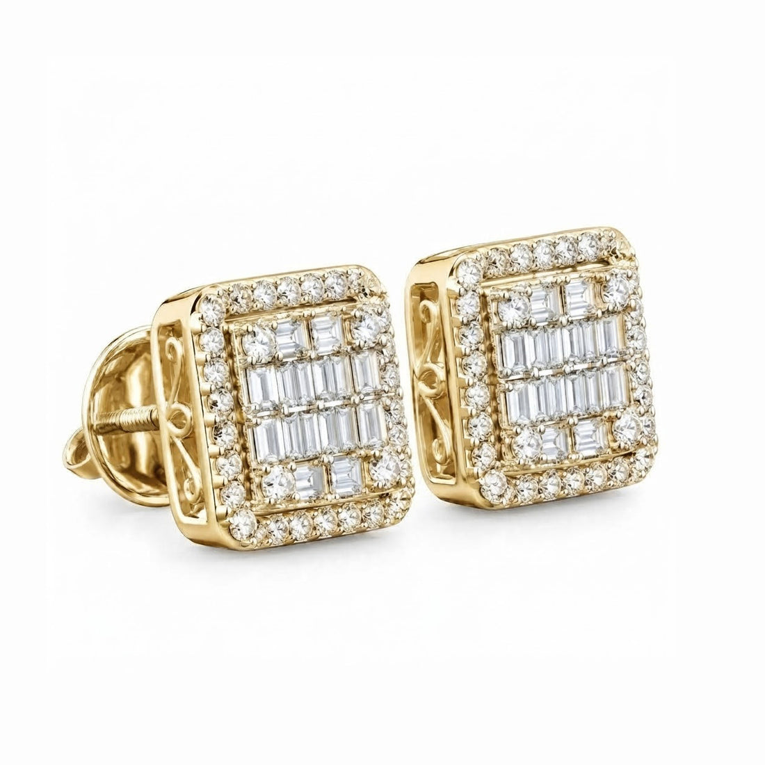 Cluster Round Baguette Diamond Hip Hop Style Halo Stud Earrings