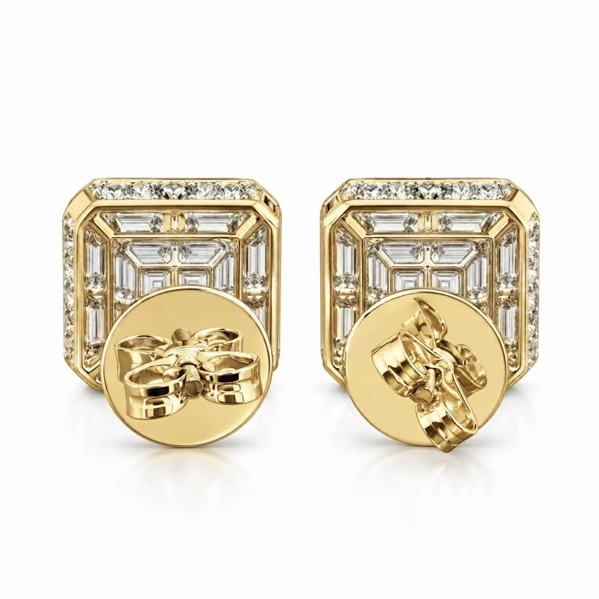 Cluster Round Baguette Diamond Hip Hop Style Halo Stud Earrings