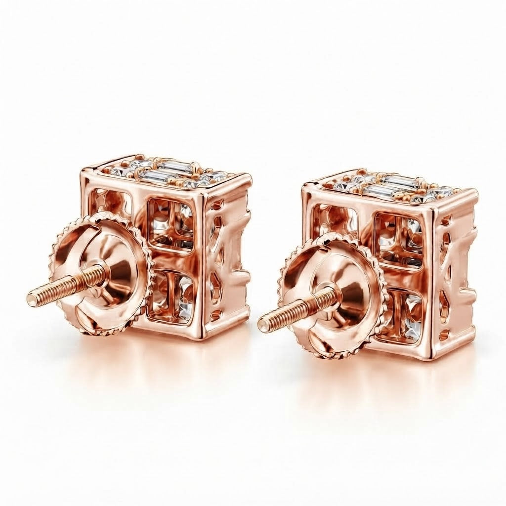 Square Shape Round Baguette Diamond Hip Hop Style Men's Stud Earrings