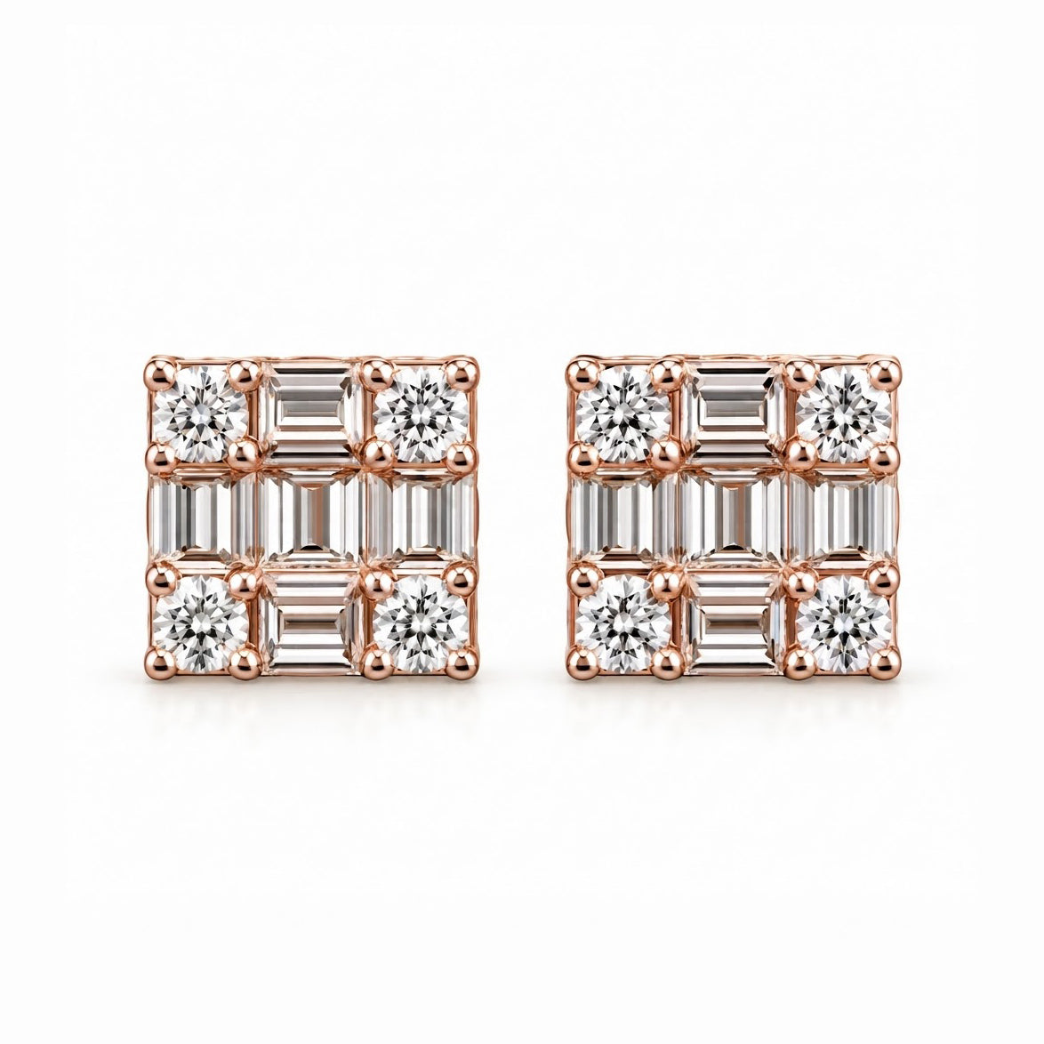 Square Shape Round Baguette Diamond Hip Hop Style Men's Stud Earrings