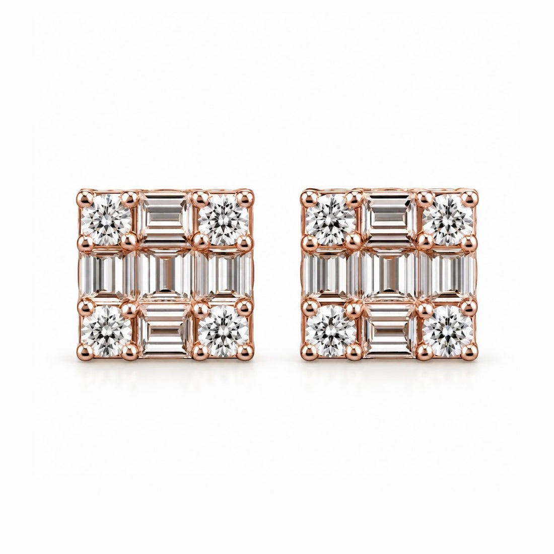 Square Shape Round Baguette Diamond Hip Hop Style Men's Stud Earrings