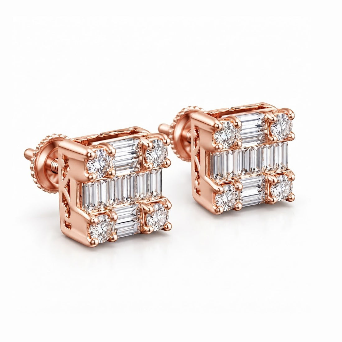 Square Shape Round Baguette Diamond Hip Hop Style Men's Stud Earrings