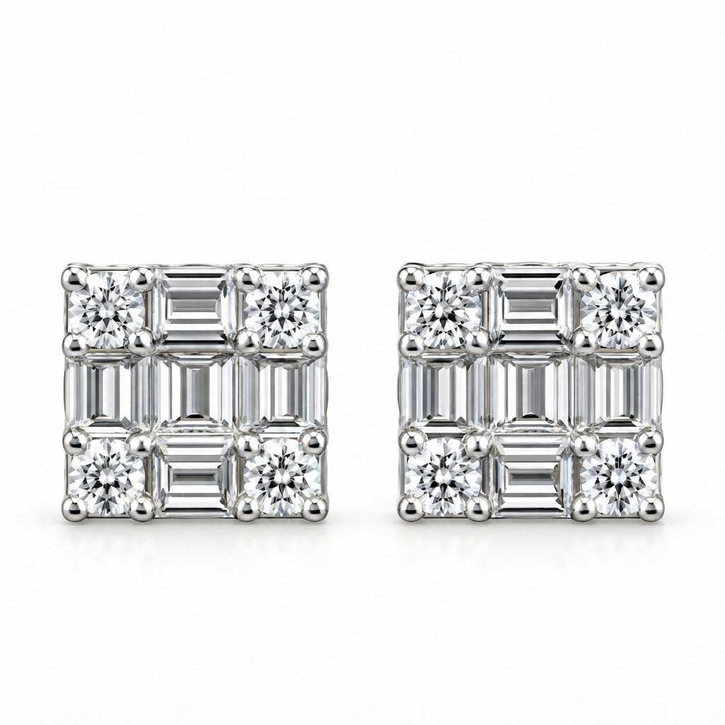 Square Shape Round Baguette Diamond Hip Hop Style Men's Stud Earrings