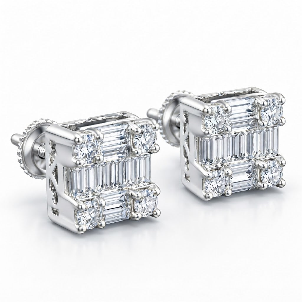 Square Shape Round Baguette Diamond Hip Hop Style Men's Stud Earrings