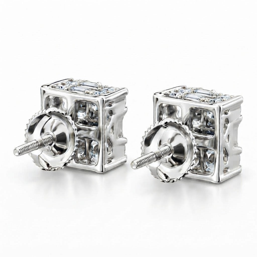 Square Shape Round Baguette Diamond Hip Hop Style Men's Stud Earrings