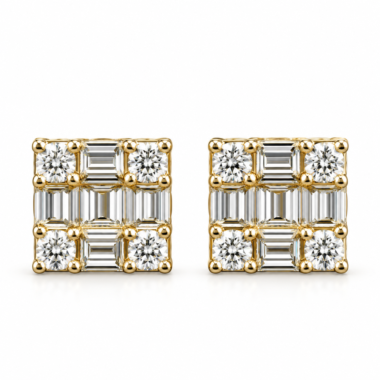 Square Shape Round Baguette Diamond Hip Hop Style Men's Stud Earrings
