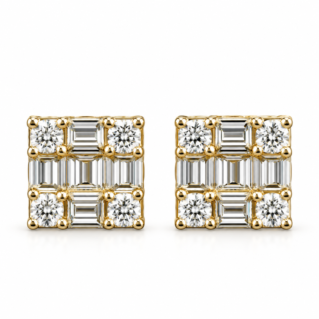 Square Shape Round Baguette Diamond Hip Hop Style Men's Stud Earrings
