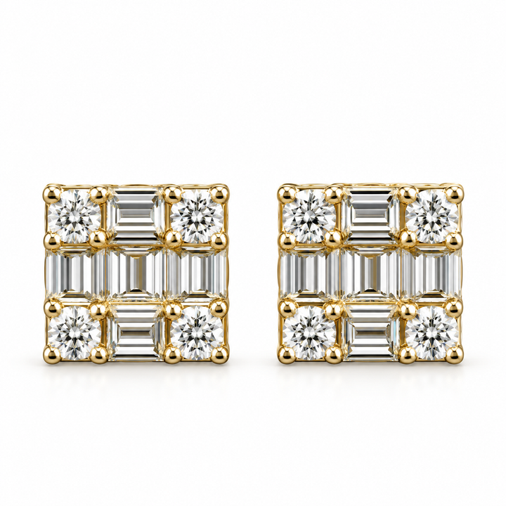 Square Shape Round Baguette Diamond Hip Hop Style Men's Stud Earrings